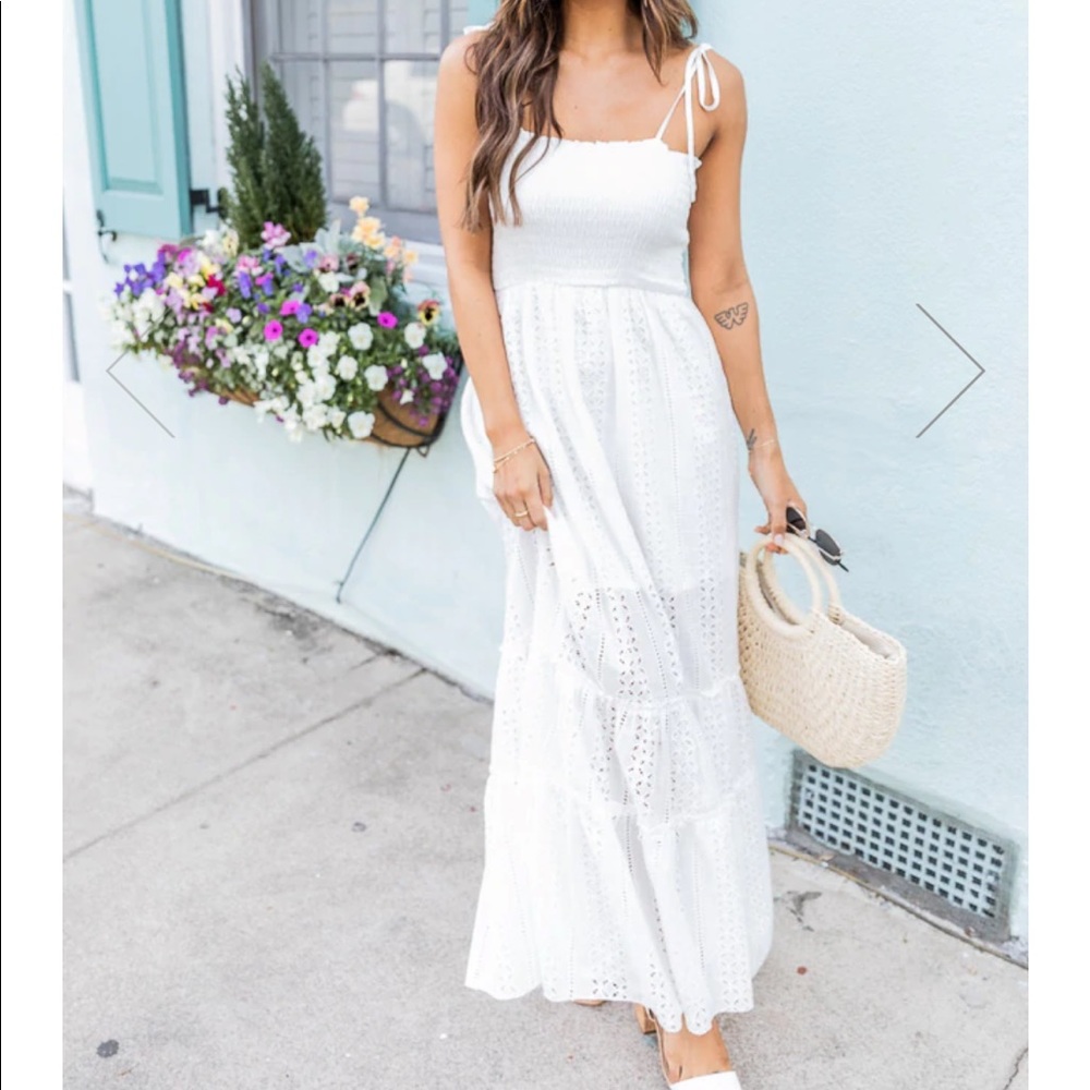 GREATEST STORY IVORY SMOCKED BUST EYELET MAXI DRESS